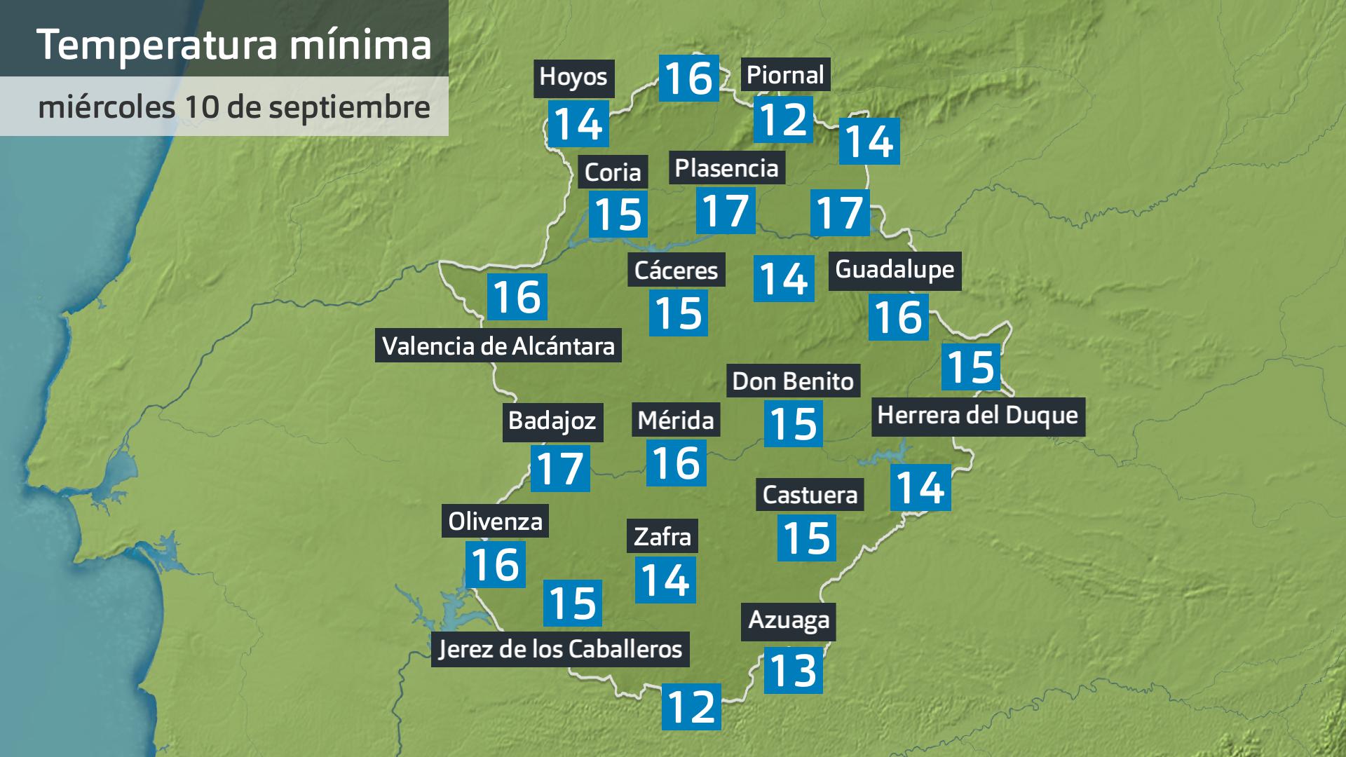 Temperatura mínima miércoles 10 de septiembre. Datos hasta las 6:30 h. Aemet, Meteoclimatic et al.