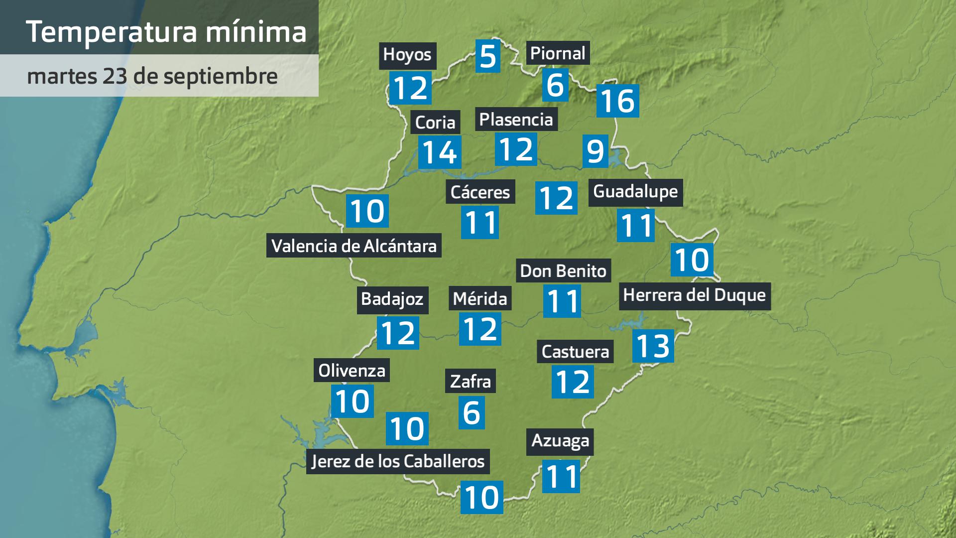 Temperatura mínima martes 23 de septiembre. Datos hasta las 6:30 h. Aemet, Meteoclimatic et al.