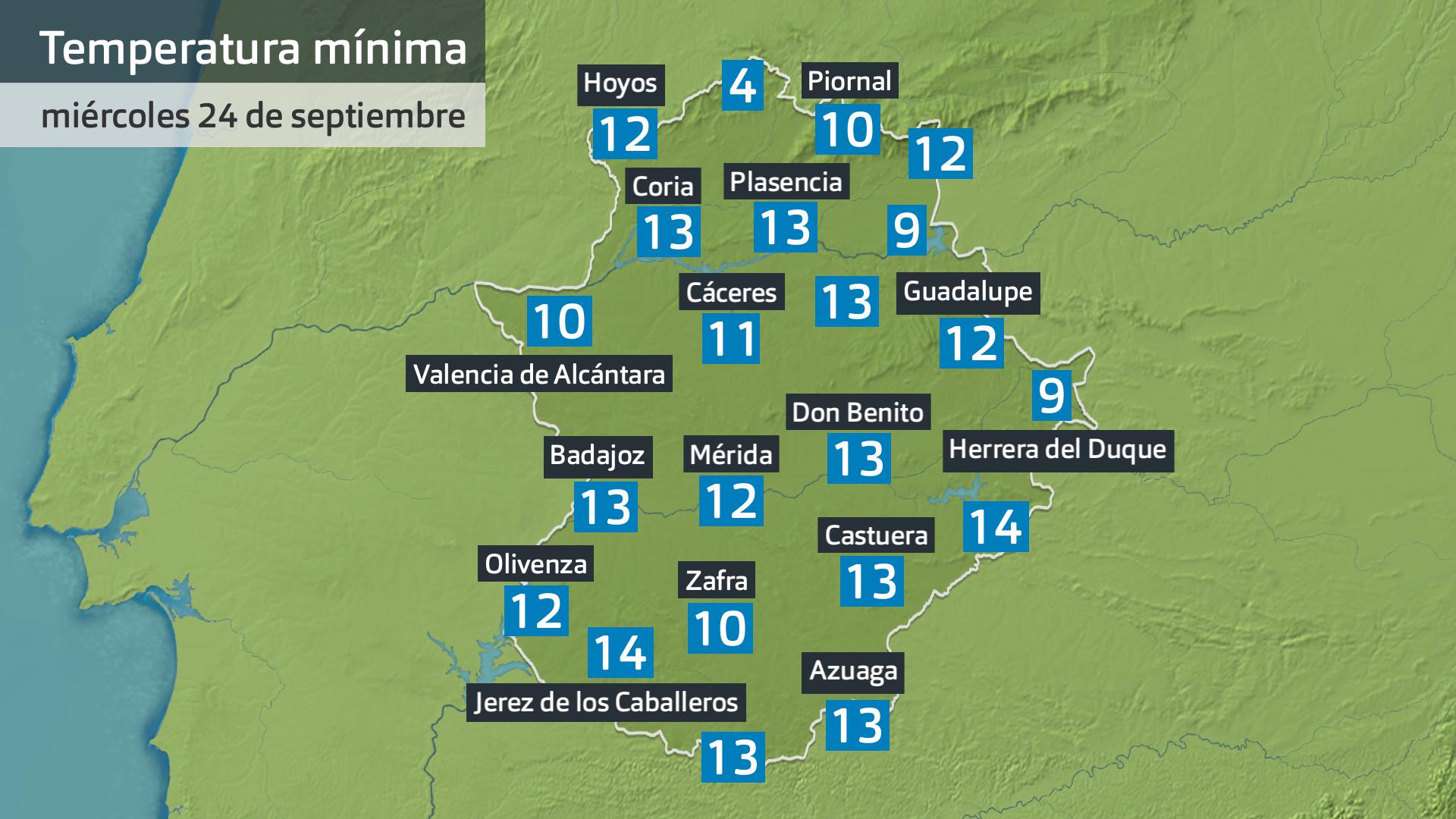 Temperatura mínima jueves 25 de septiembre. Datos hasta las 6:30 h. Aemet, Meteoclimatic et al.