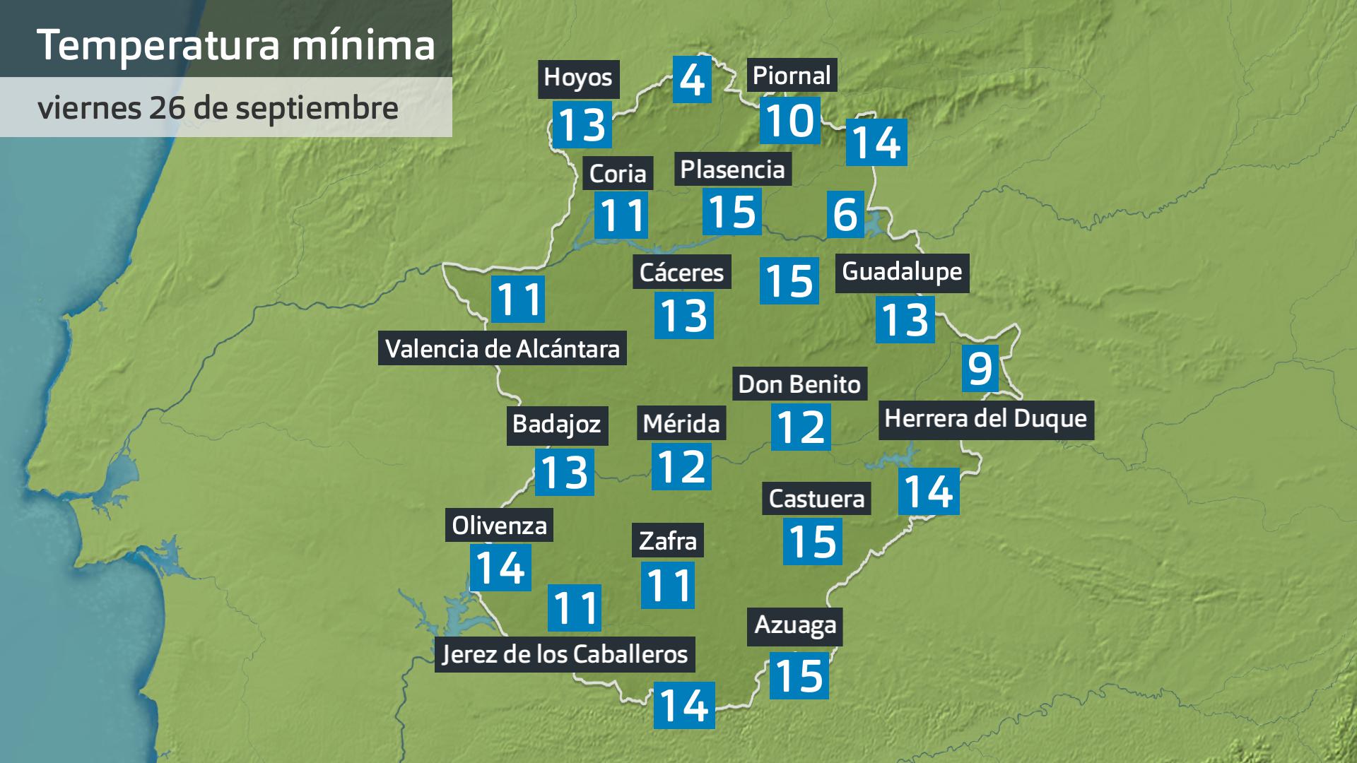 Temperatura mínima viernes 26 de septiembre. Datos hasta las 6:30 h. Aemet, Meteoclimatic et al.
