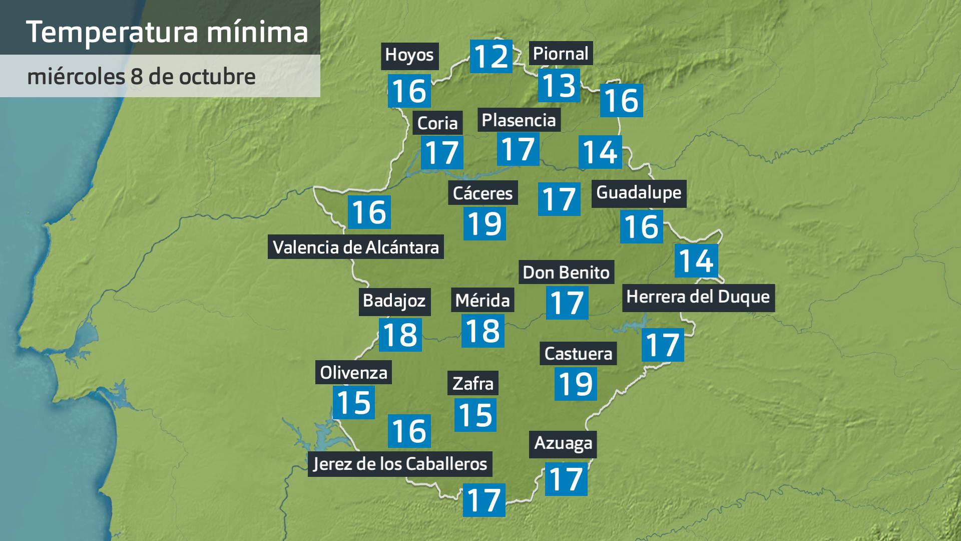 Temperatura mínima miércoles 8 de octubre. Datos hasta las 6:30 h. Aemet, Meteoclimatic et al.
