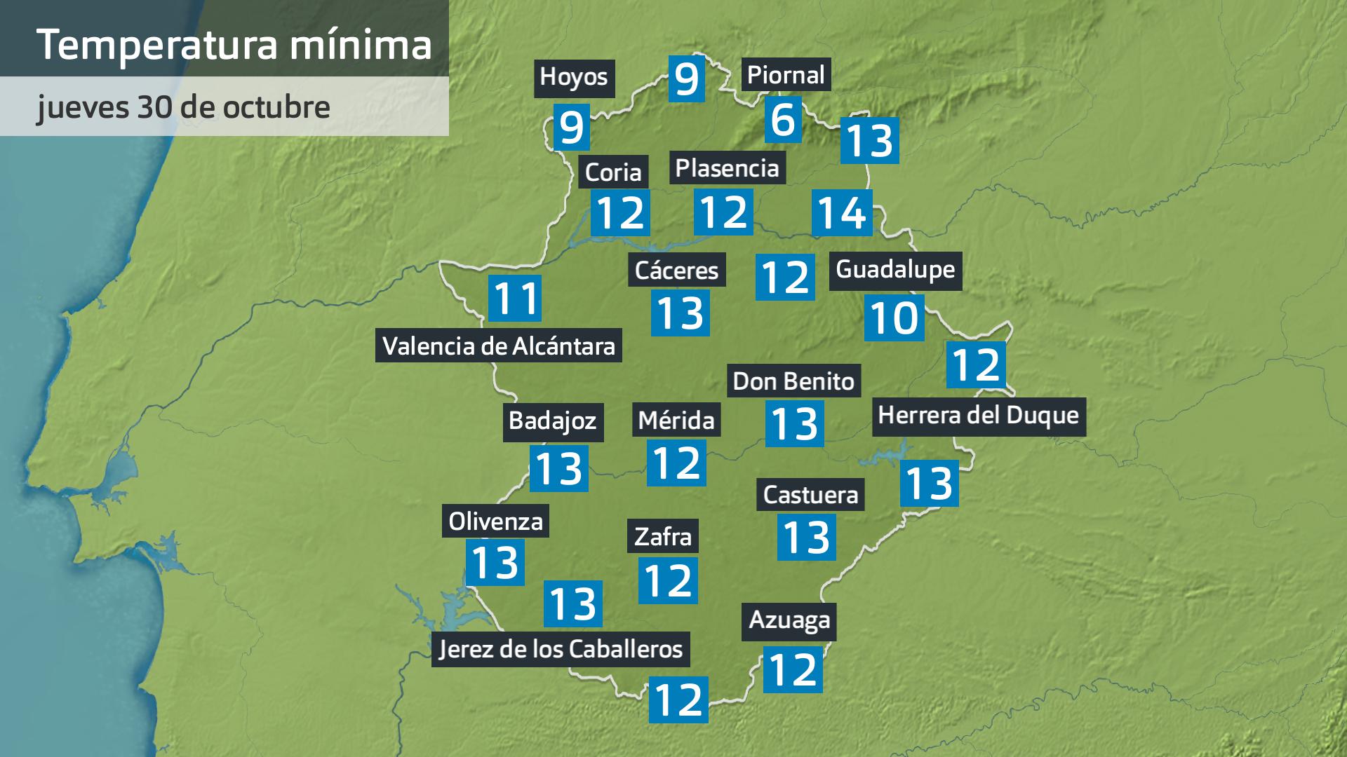 Temperatura mínima jueves 30 de octubre. Datos hasta las 6:30 h. Aemet, Meteoclimatic et al.
