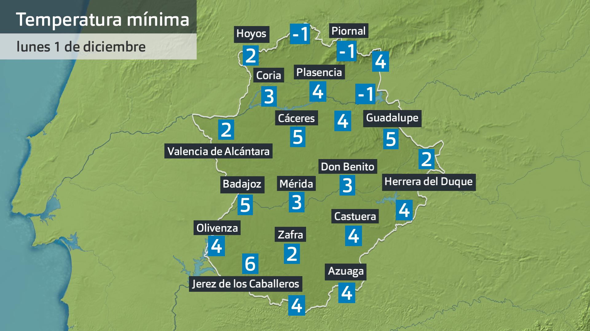Temperatura mínima lunes 1 de diciembre. Datos hasta las 6:30 h. Aemet, Meteoclimatic et al.