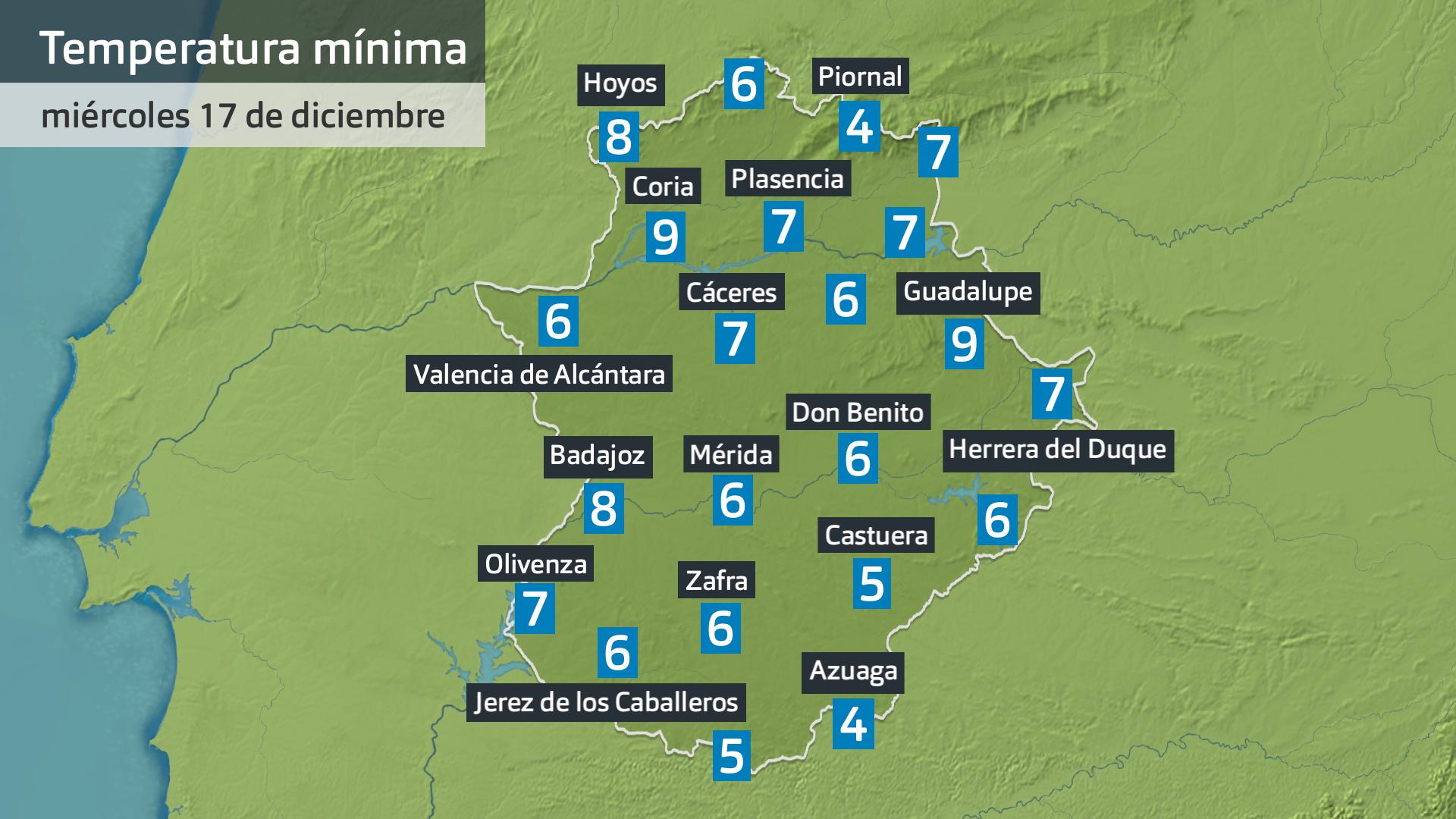Temperatura mínima miércoles 17 de diciembre. Datos hasta las 6 h. Aemet, Meteoclimatic et al.