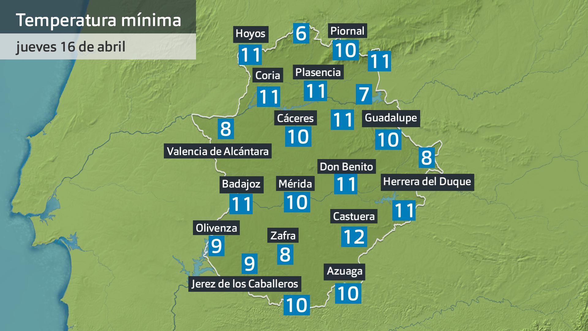 Temperatura mínima jueves 16 de abril. Datos hasta las 6:30 h. Aemet, Meteoslimatic et al.