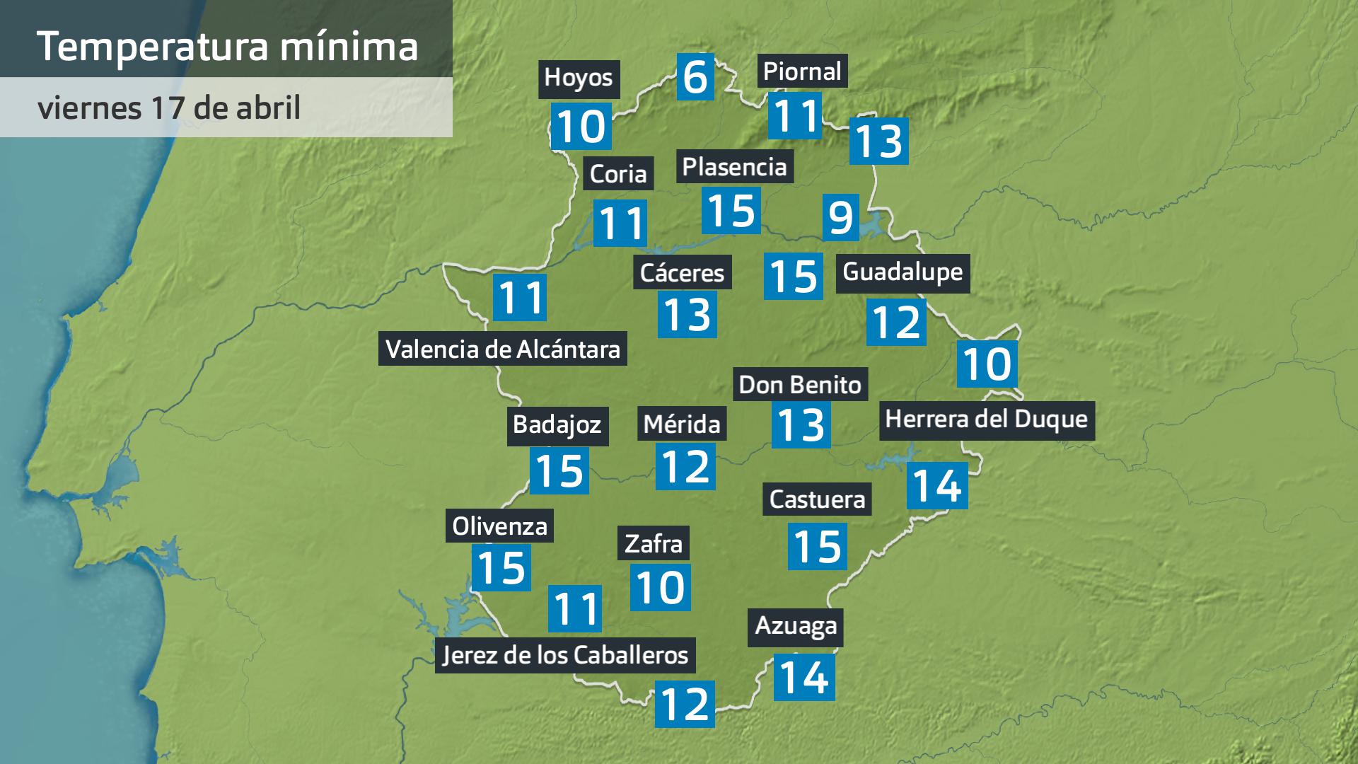 Temperatura mínima viernes 17 de abril. Datos hasta las 6:30 h., Aemet, Meteoclimatic et al.