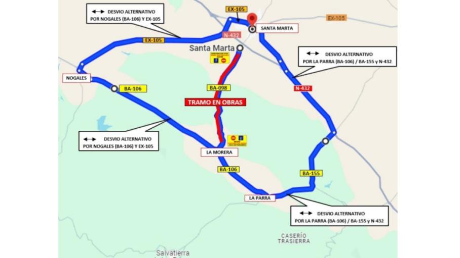 Se mantiene el corte de tráfico de la Carretera BA-098 de La Morera a Santa Marta hasta el 20 de diciembre