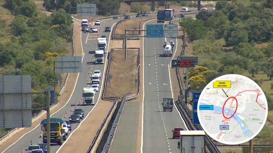 Las obras en los viaductos sobre el río Guadiana provocan el corte de los carriles izquierdos de la A-5 en Mérida