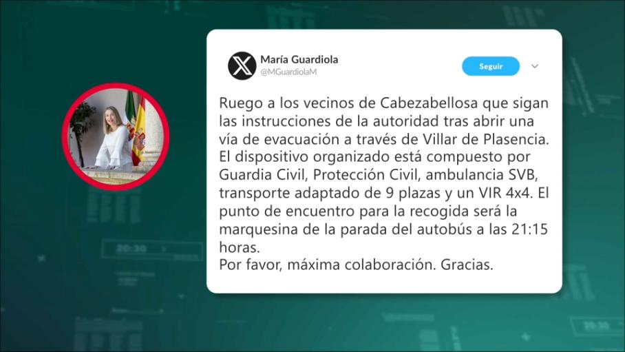 URGENTE: Evacuación en Cabezabellosa: se habilita salida segura por Villar de Plasencia