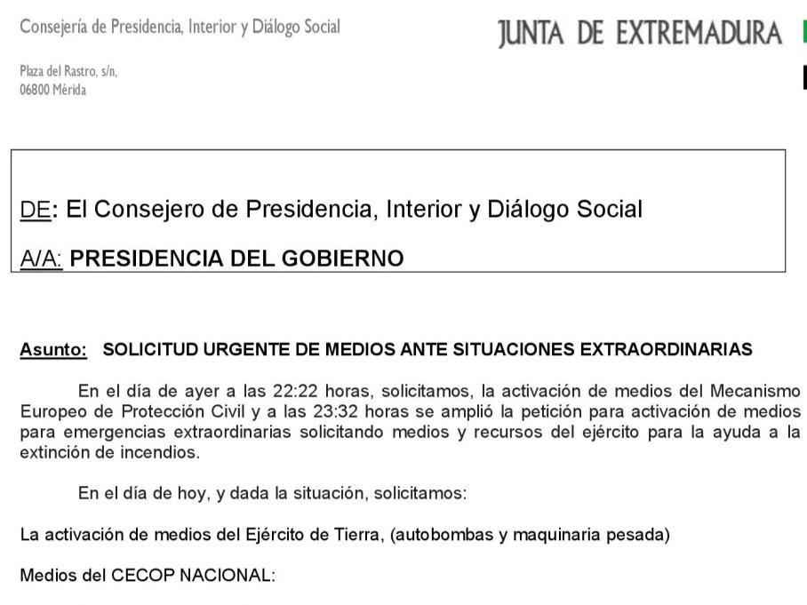 Carta enviada por Bautista al Gobierno
