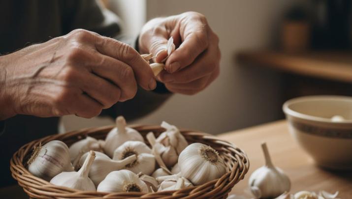 Manos adultas pelando ajos