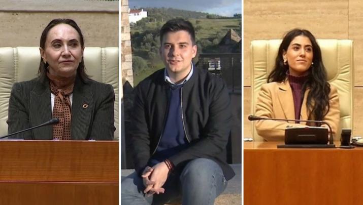 De izquierda a derecha: María Jesús Salvatierra, diputada electa de Vox, Aitor Vaquerizo, diputado electo del PSOE y Zulema Romero, diputada electa del PP, que formarán parte de la Mesa de Edad en la sesión constitutiva de la XII legislatura de la Asamblea de Extremadura