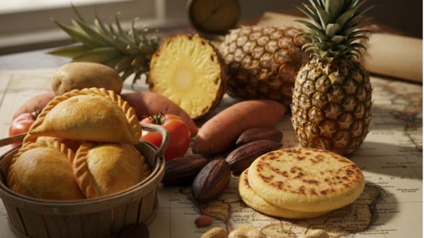 Alimentos procedentes de América sobre un mapa