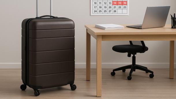 Maleta junto a un escritorio en un puesto de trabajo