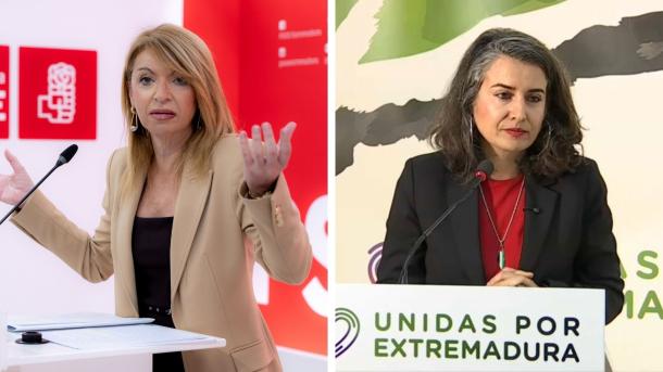 Piedad Álvarez, portavoz del PSOE de Extremadura, e Irene de Miguel, portavoz de Unidas por Extremadura