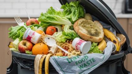 Cubo de basura en una cocina repleto de alimentos