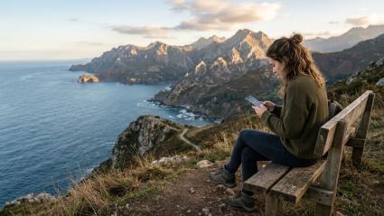 Mujer joven en paraje solitario y con móvil