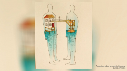 Lámina de la exposición Pesquisas sobre a matéria Humana, de Lucas Almeida. Dos personas se miran sin tocarse, pero están conectada por "un puente" entre ellas.