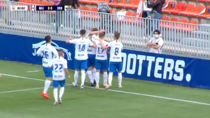 Los jugadores del Rayo Majadahonda celebran el primer gol ante el Don Benito