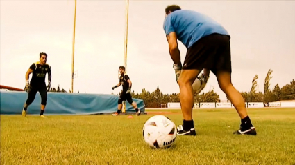 Los porteros del Villafranca durante un entrenamiento