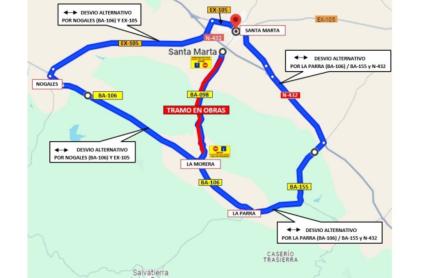 Se mantiene el corte de tráfico de la Carretera BA-098 de La Morera a Santa Marta hasta el 20 de diciembre