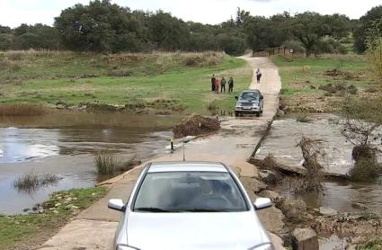 Vehículos cruzando el paso a la finca Cuartos del Baño en Cáceres