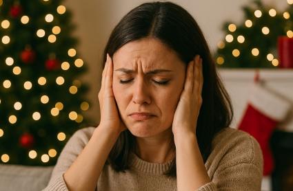 Persona con los oídos tapados, en un ambiente navideño