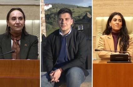 De izquierda a derecha: María Jesús Salvatierra, diputada electa de Vox, Aitor Vaquerizo, diputado electo del PSOE y Zulema Romero, diputada electa del PP, que formarán parte de la Mesa de Edad en la sesión constitutiva de la XII legislatura de la Asamblea de Extremadura