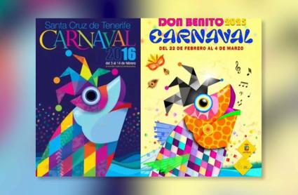 Cartel del Carnaval de Don Benito de 2025 y cartel del Carnaval de Santa Cruz de Tenerife de 2016
