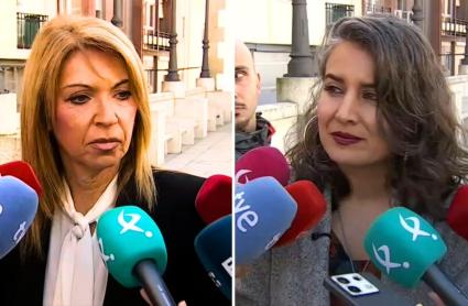 Piedad Álvarez, portavoz del PSOE de Extremadura, e Irene de Miguel, portavoz de Unidas por Extremadura, atienden a los medios de comunicación
