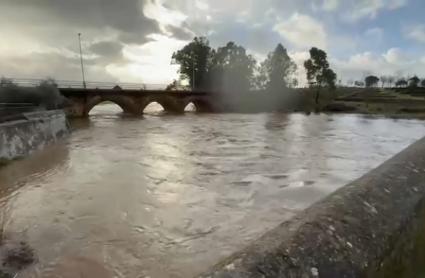 Puente Viejo de Alconchel durante las lluvias de la Borrasca Leonardo