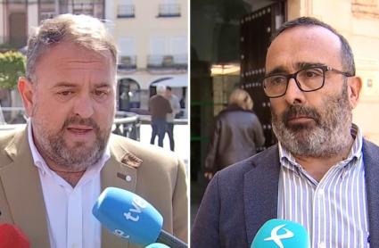 Antonio Rodríguez Osuna, alcalde de Mérida, y Miguel Ángel Morales, presidente de la Diputación de Cáceres, atienden a los medios de comunicación