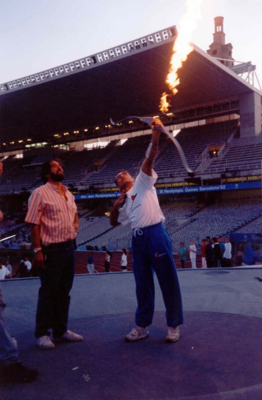 Reyes Abades mientras supervisaba el ensayo del encendido del pebetero en Barcelona 92
