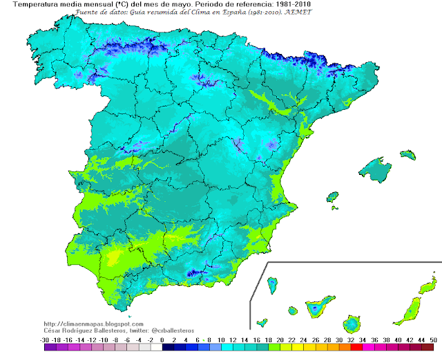 Mapa de temperatura media del mes de mayo en España. Fuente: AEMET y César Rodríguez