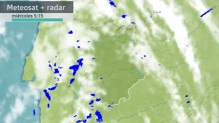Imagen del Meteosat + radar meteorológico miércoles 3 de mayo 5:15 h.
