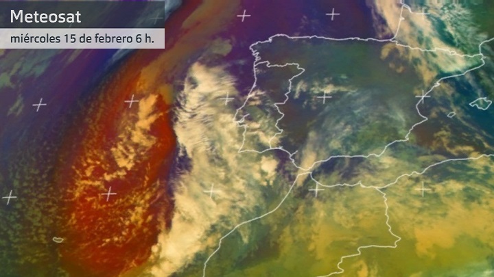 Imagen del Meteosat (masas de aire) miércoles 15 de febrero 6 h. En rojos y morados el aire frío