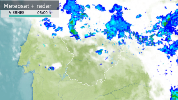 Imagen del Meteosat + radar (Aemet) viernes 9 de abril 6 h.