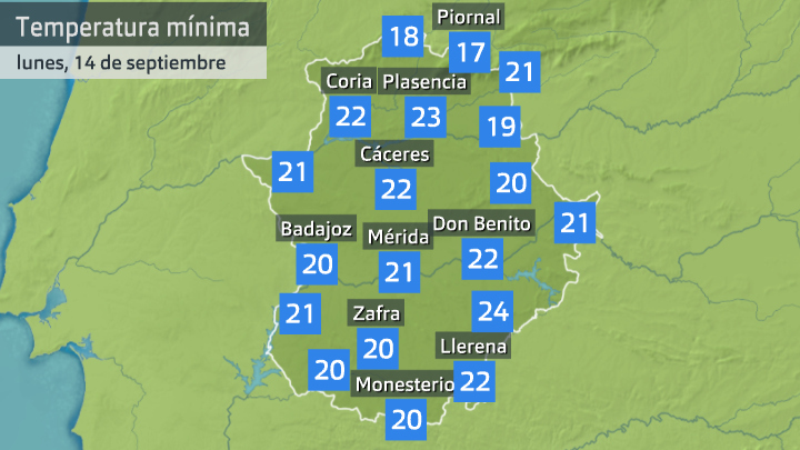 Temperatura mínima lunes 14 de septiembre. Datos Aemet y Meteoclimatic 7 h