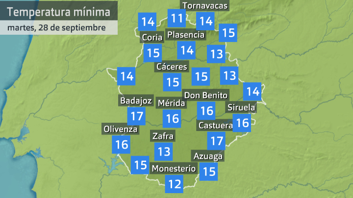 Temperatura mínima martes 28 de septiembre. Datos hasta las 6:40 h. Aemet, Meteoclimatic et al.