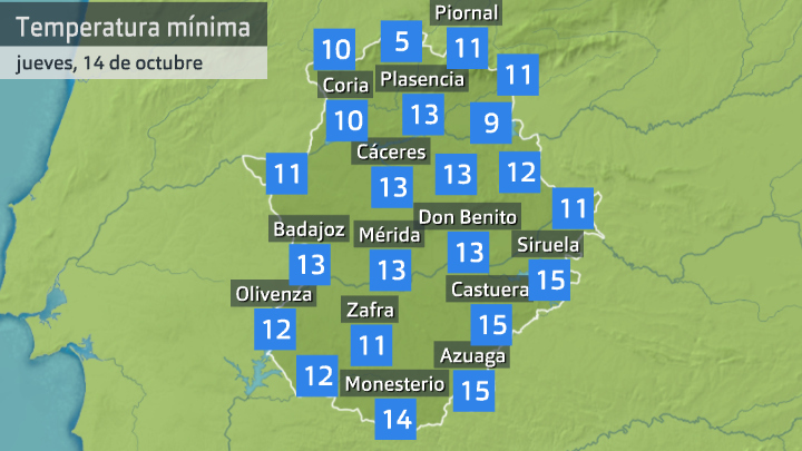 Temperatura mínima jueves 14 de octubre. Datos hasta las 6:40 h. Aemet, Meteoclimatic et al.