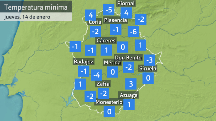 Temperatura mínima jueves 14 de enero. Datos 7 h Aemet, Meteoclimatic et al.