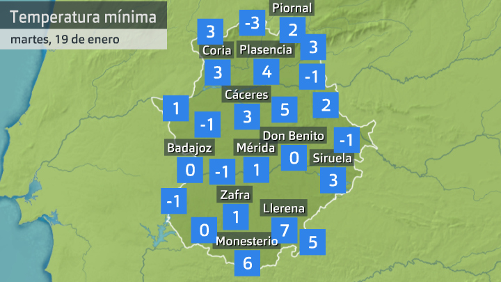 Temperatura mínima martes 19 de enero. Datos 6:30 h Aemet, Meteoclimatic et al.