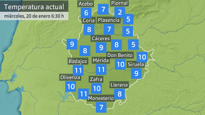 Temperaturas a las 6:30 h miércoles 20 de enero. Datos Aemet, Meteoclimatic et al.