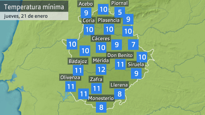 Temperatura mínima jueves 21 de enero. Datos hasta las 7 h de Aemet, Meteoclimatic et al.