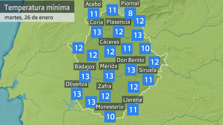 Temperatura mínima martes 26 de enero. Datos hasta las 7 h Aemet, Meteoclimatic et al.