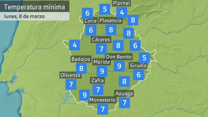 Temperatura mínima lunes 8 de marzo. Datos hasta 7 h Aemet, Meteoclimatic et al.