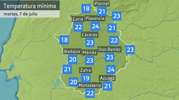 Temperatura mínima martes 7 de julio. Datos de Aemet y Meteoclimatic