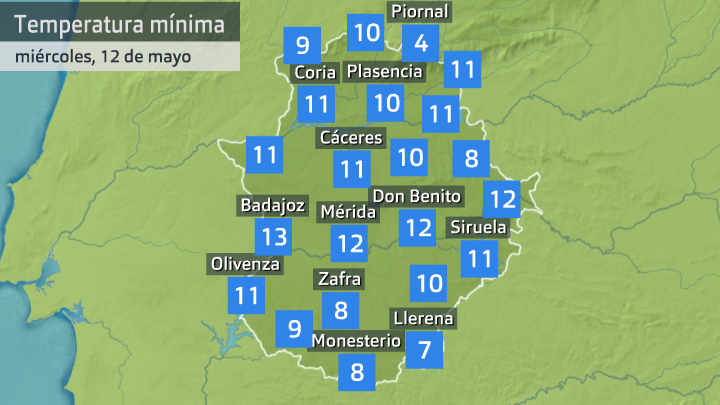 Temperatura mínima miércoles 12 de mayo. Datos hasta las 7 h. Aemet, Meteoclimatic et al.