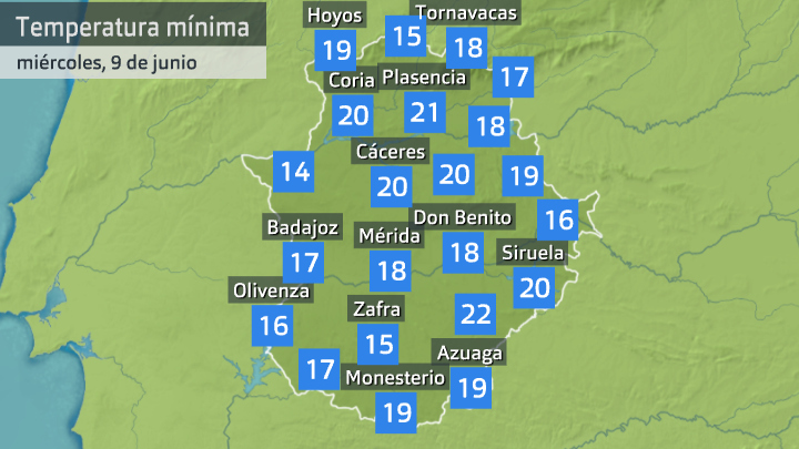 Temperatura mínima miércoles 9 de junio. Datos hasta las 6:30 h. Aemet, Meteoclimatic et al.