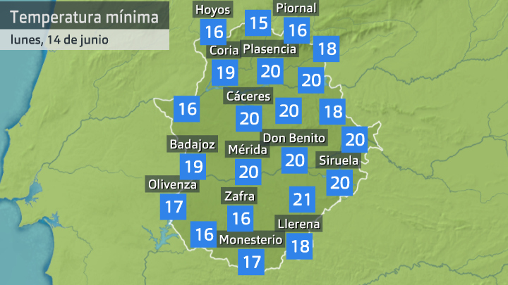 Temperatura mínima lunes 14 de junio. Datos hasta las 6:30 h. Aemet, Meteoclimatic et al.